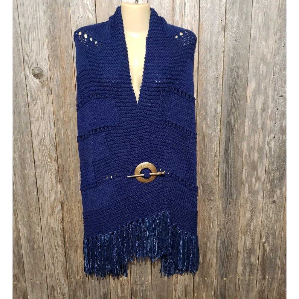 NEW Navy Blue Hand Knitted Shawl Wrap Scarf Eyelet Boho Coastal Glam Artsy Indie